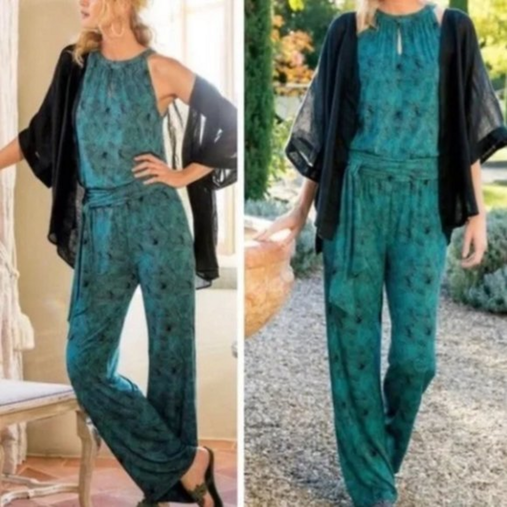 Soft Surroundings Sorrento Jumpsuit Green Leaves sz M